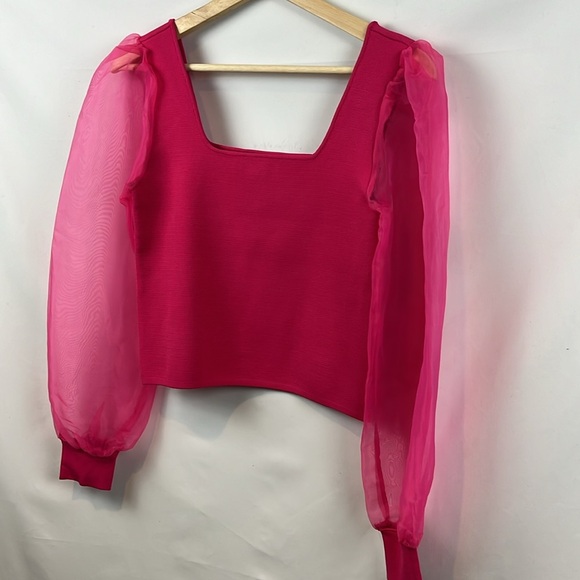 House of Harlow 1960 Hot Pink Sheer Puff Long‎ Sleeve Cropped Knit Top Size S - Picture 5 of 9